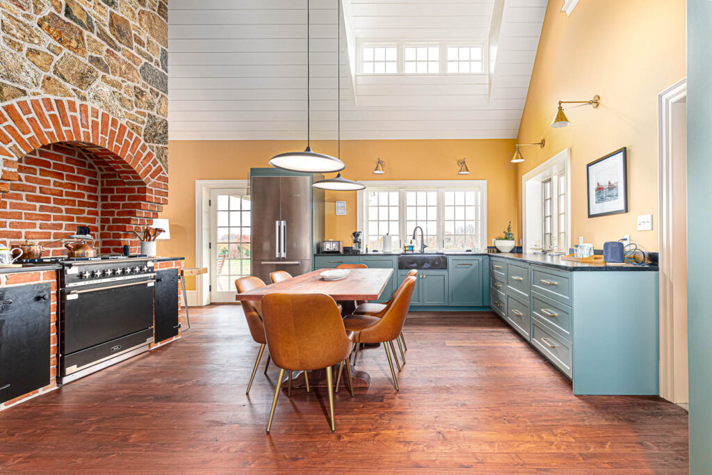Kitchen with blue cabinets in an olde bulltown home