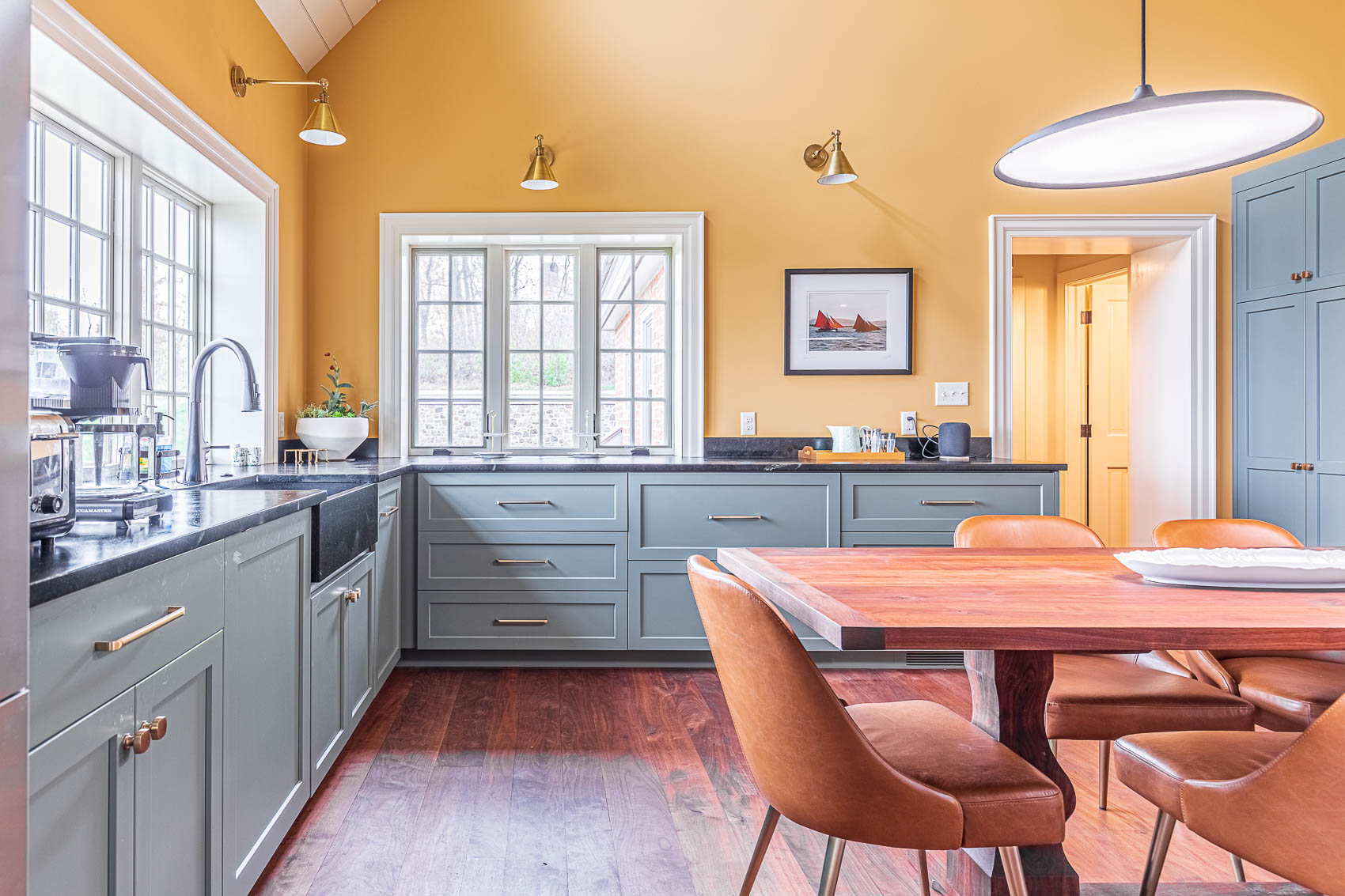 Kitchen with blue cabinets in an olde bulltown home